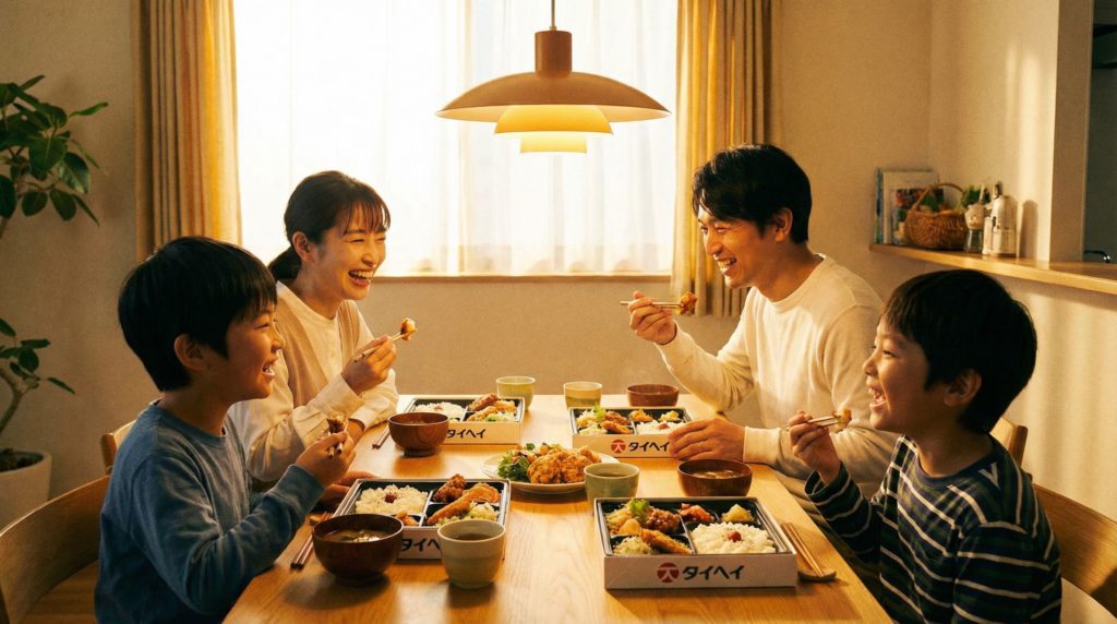 タイヘイの宅配弁当を囲んで食事する笑顔の家族
