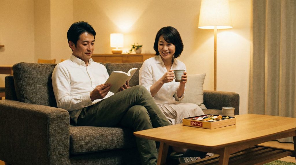 タイヘイの夕食宅配を利用し、食後の時間をリラックスして過ごす夫婦
