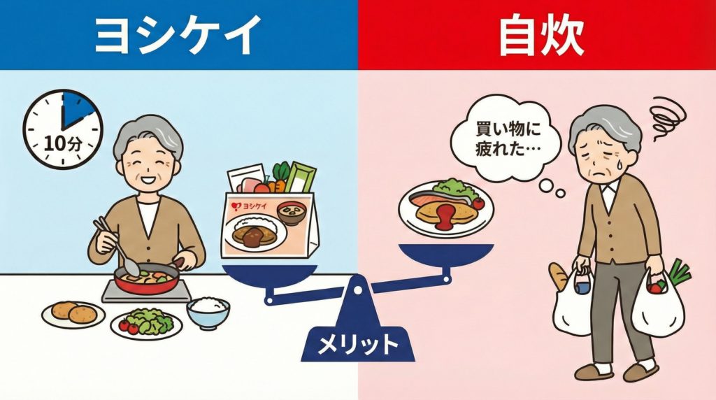 ヨシケイのミールキットと完全自炊の負担比較図
