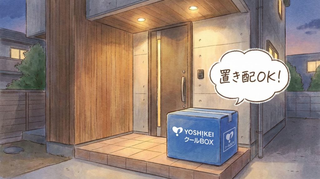 玄関前に置かれたヨシケイのクールBOX(置き配サービス)