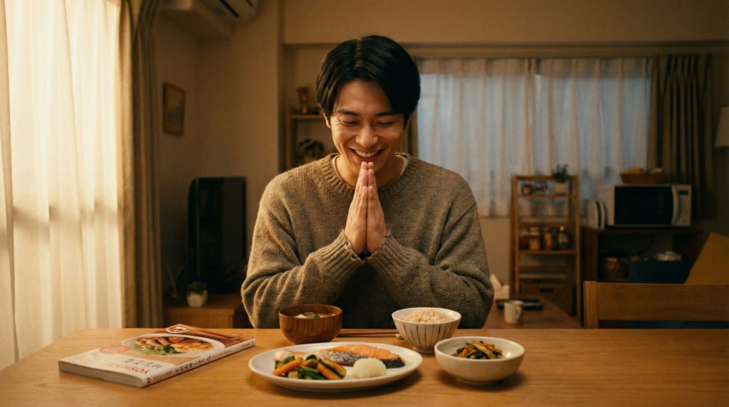 ヨシケイの食事を前に満足そうな笑顔を見せる一人暮らしの男性