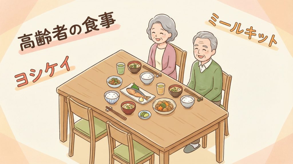 高齢者夫婦が笑顔でヨシケイのミールキットを楽しむ食卓