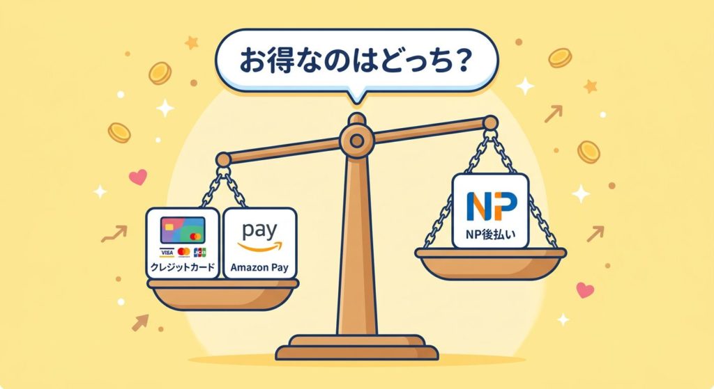 グリーンスプーンのおすすめ支払い方法を天秤で比較するイラスト
