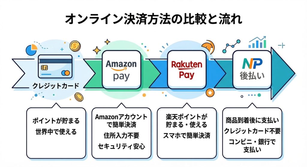 グリーンスプーンで利用できる4つの支払い方法の特徴を示す図解
