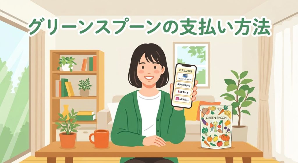 スマートフォンでグリーンスプーンの支払い方法を選ぶ女性のイラスト
