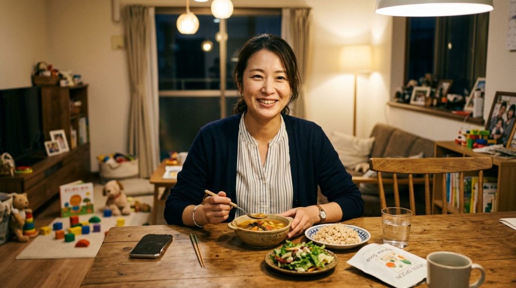 忙しい中でもグリーンスプーンで健康的な食事を楽しむ女性
