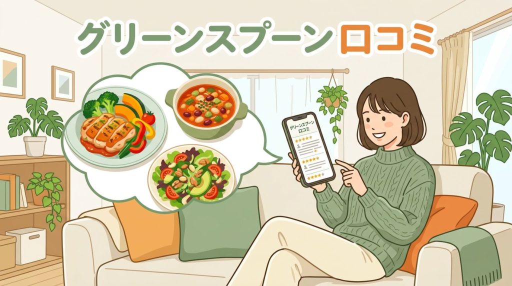スマートフォンでグリーンスプーンの口コミを調べる女性のイラスト
