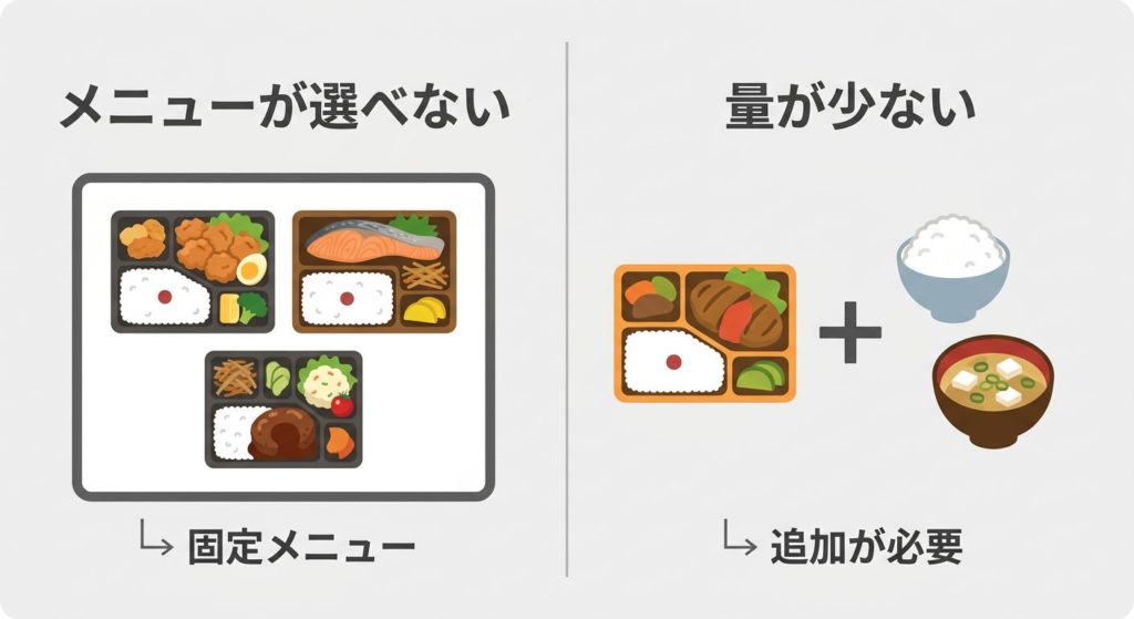 健康直球便の「メニュー選択不可」と「量の少なさ」を示す図解