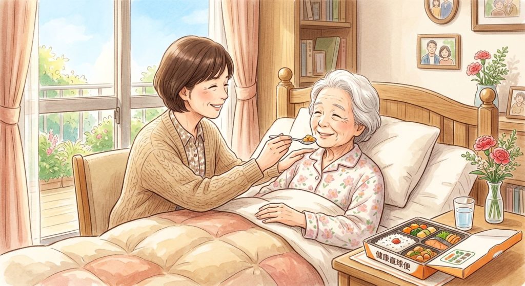 高齢の母親に健康直球便を食べさせる笑顔の女性