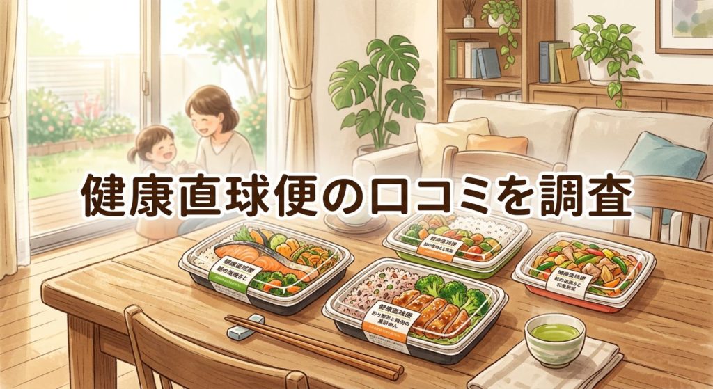 食卓に並べられた健康直球便の弁当と口コミに関するテキスト