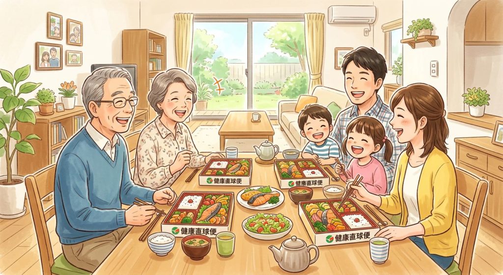 健康直球便を囲んで笑顔で団らんする三世代家族