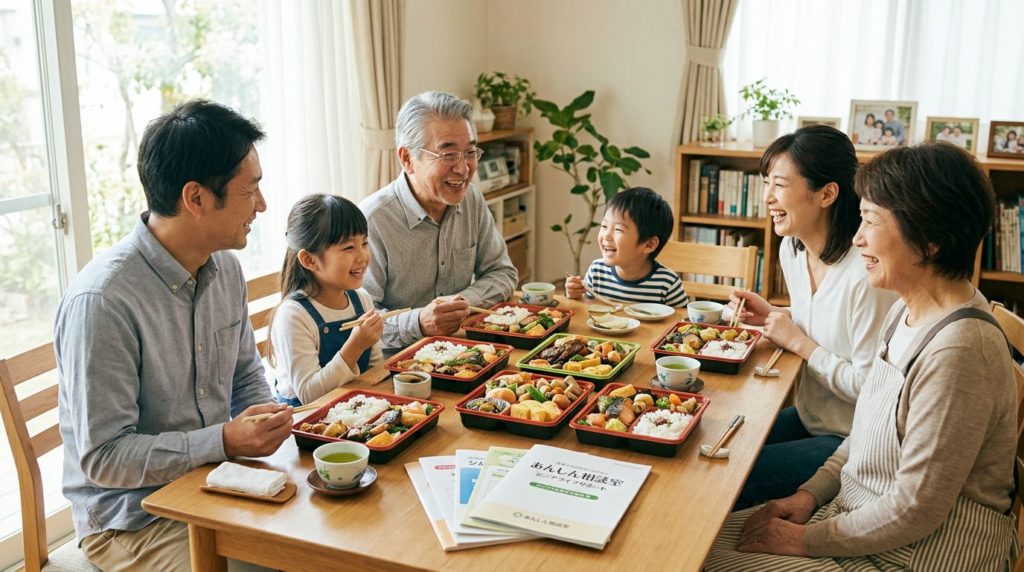 宅配弁当を囲んで笑顔の三世代家族