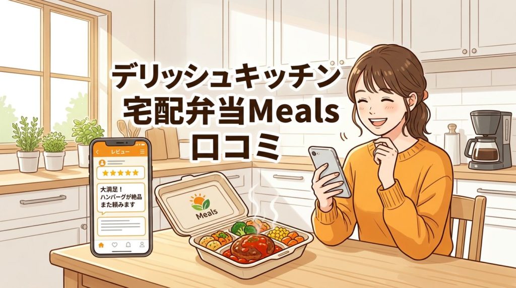 デリッシュキッチンの宅配弁当Mealsの口コミをスマホで見て微笑む女性
