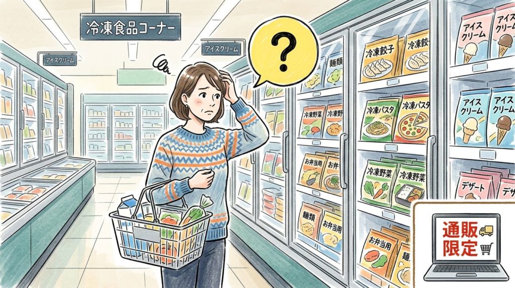 スーパーでニチレイ気くばり御膳を探す女性のイラスト