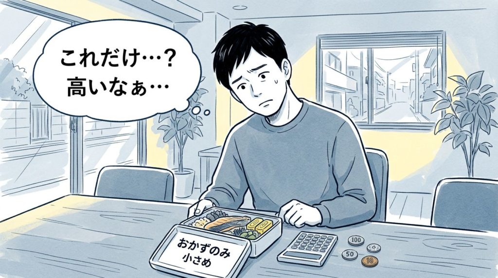 ニチレイ気くばり御膳の悪い評判をイメージした男性のイラスト
