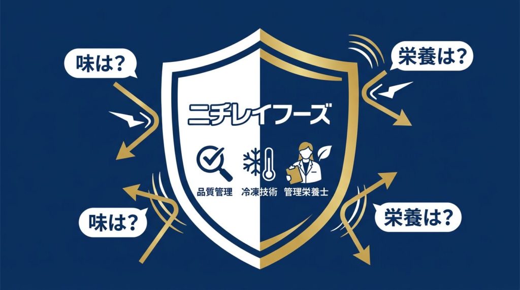 ニチレイの技術力と品質管理を象徴する盾のイラスト
