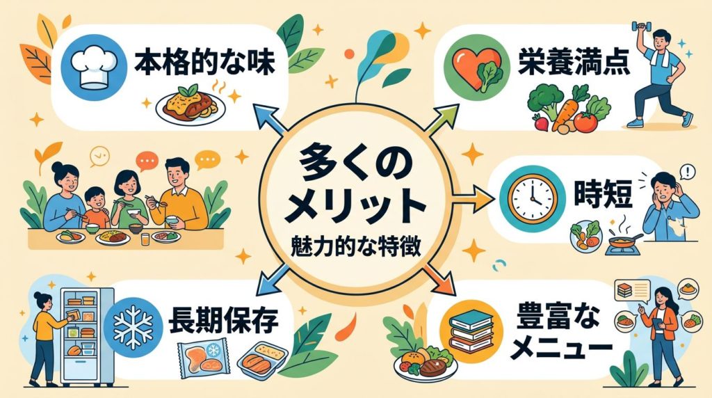 ニチレイ気くばり御膳の5つのメリット（味、栄養、時短、メニュー、保存）を示す図解

