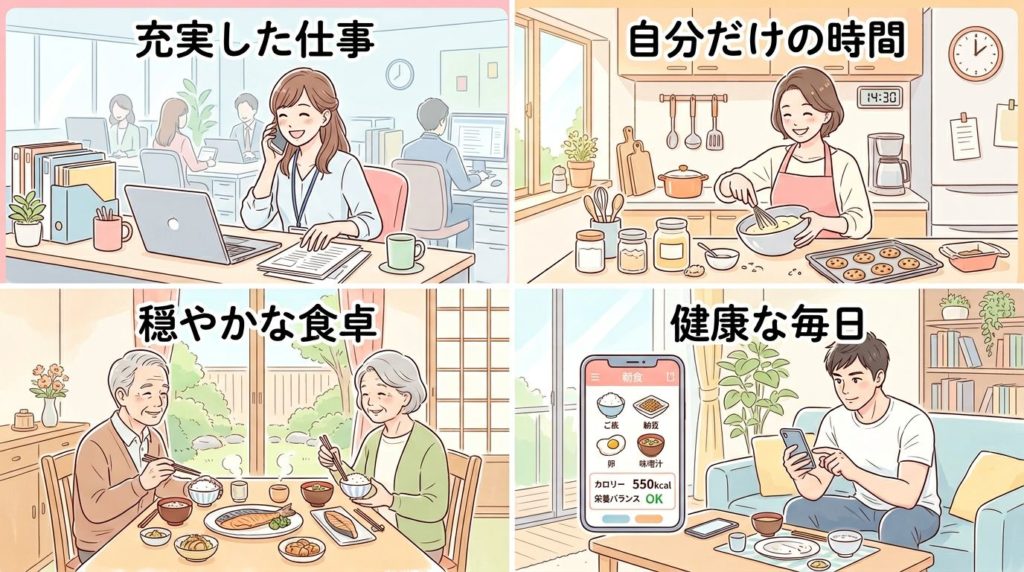 ニチレイ気くばり御膳をおすすめする人々を描いたイラスト
