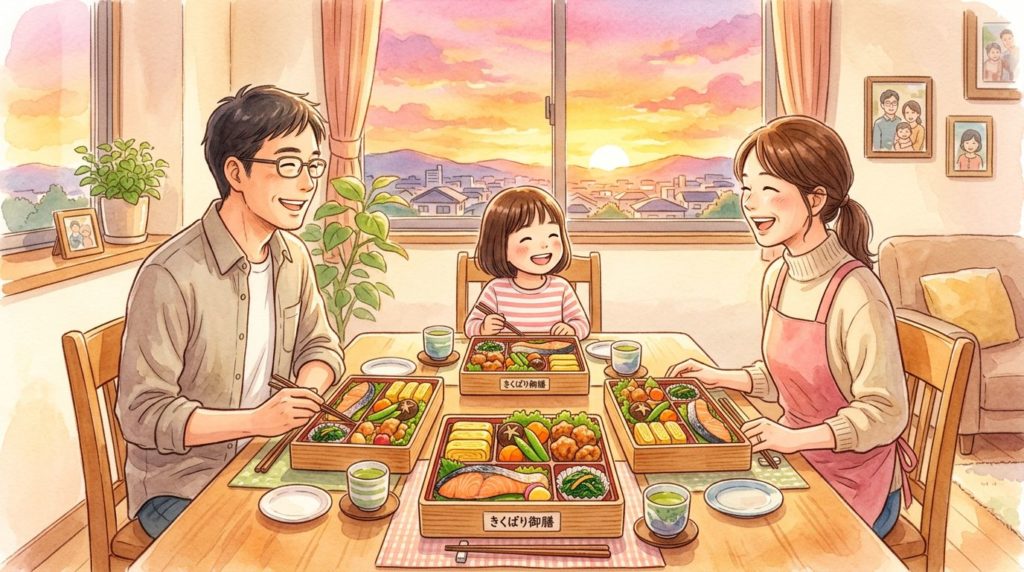 ニチレイ気くばり御膳を囲む笑顔の家族のイラスト
