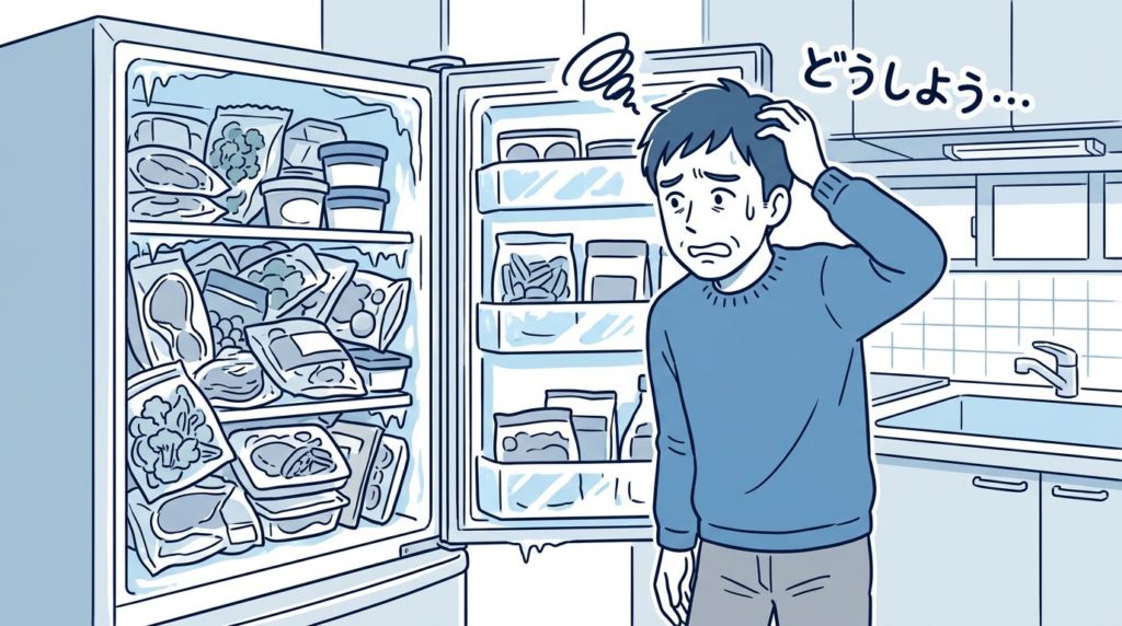 デリッシュキッチンMealsの宅配弁当で冷凍庫がいっぱいになり困る男性