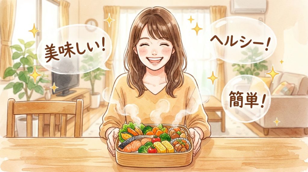 デリッシュキッチンMealsの美味しい宅配弁当に満足する女性の口コミ
