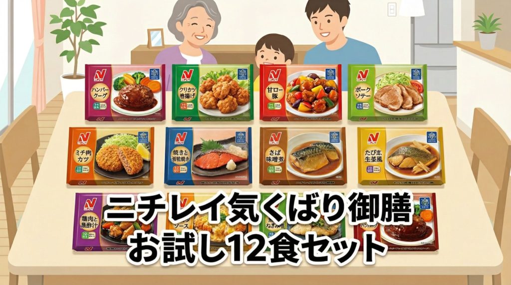食卓に並んだニチレイ気くばり御膳お試し12食セットのイメージ