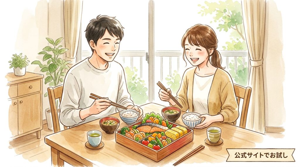 ニチレイ気くばり御膳で豊かな食生活を送る夫婦のイラスト
